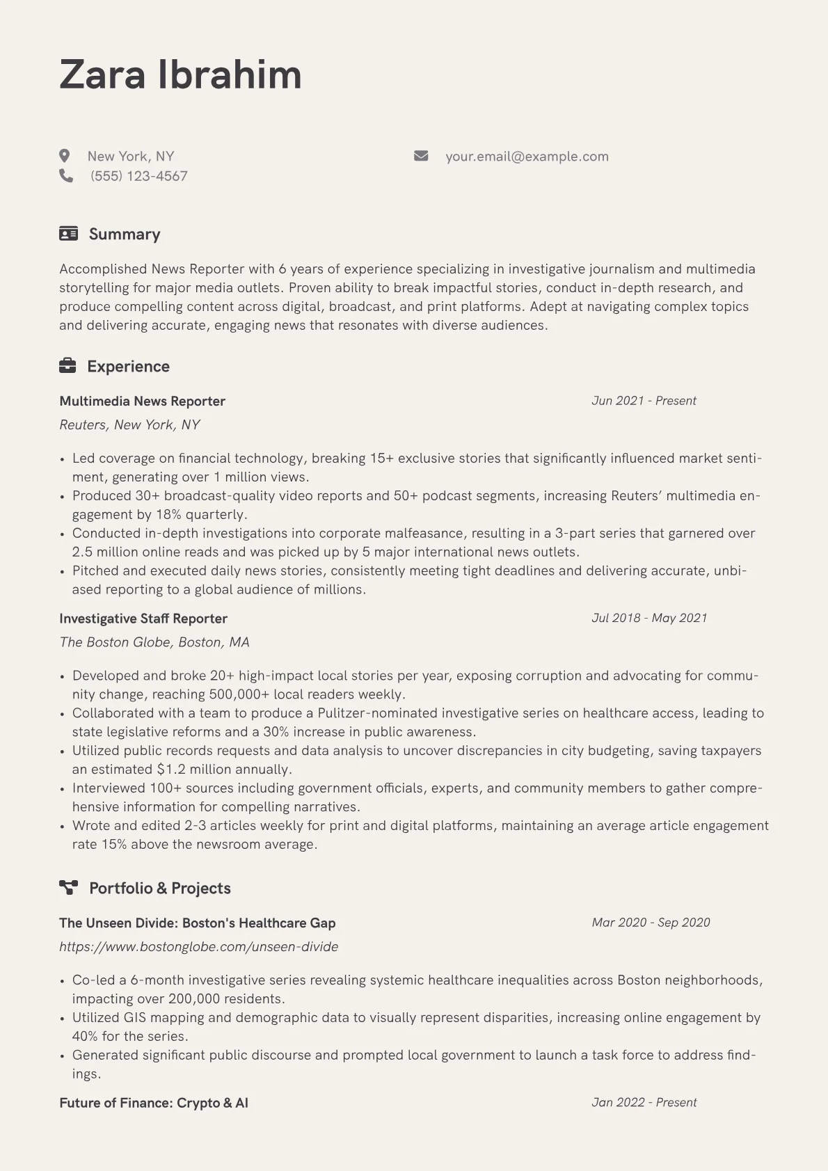 News Reporter Resume Example CV template - Page 1