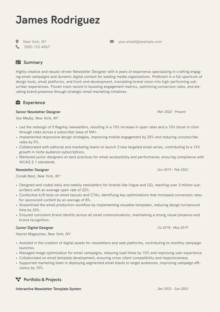 Newsletter Designer Resume Example CV template preview