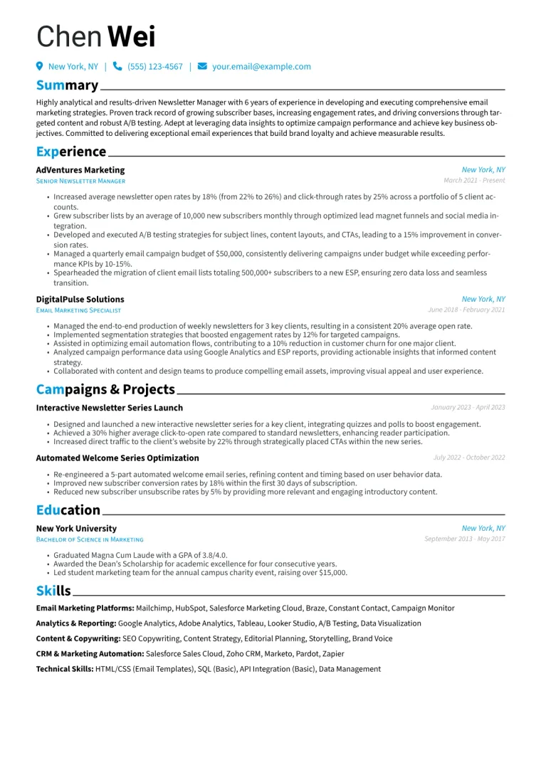Newsletter Manager Resume Example CV template preview