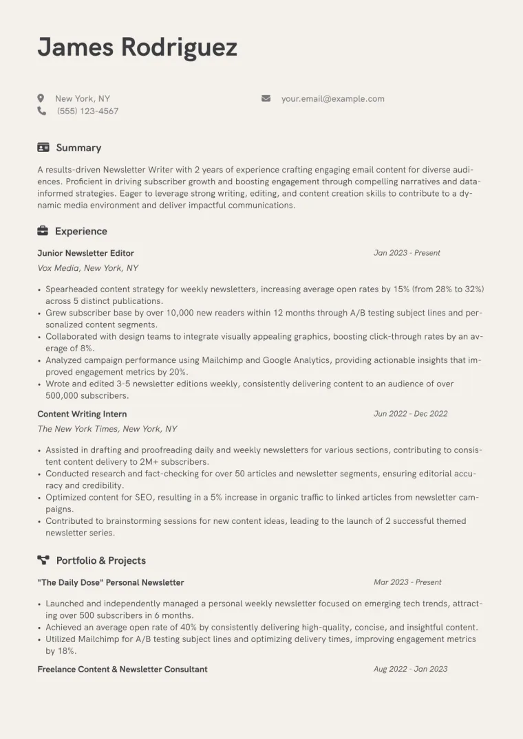 Newsletter Writer Resume Example CV template preview