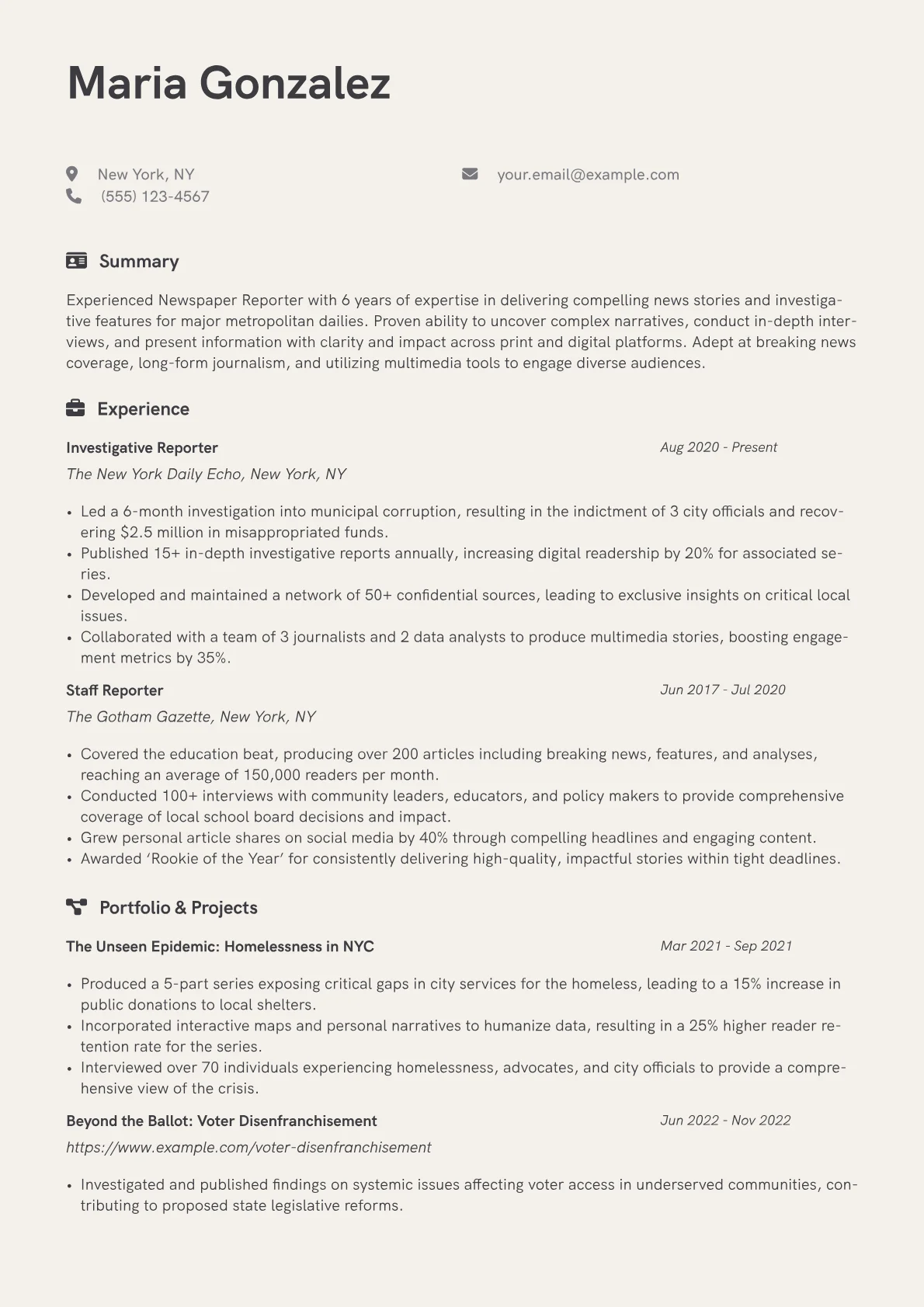 Newspaper Reporter Resume Example CV template - Page 1