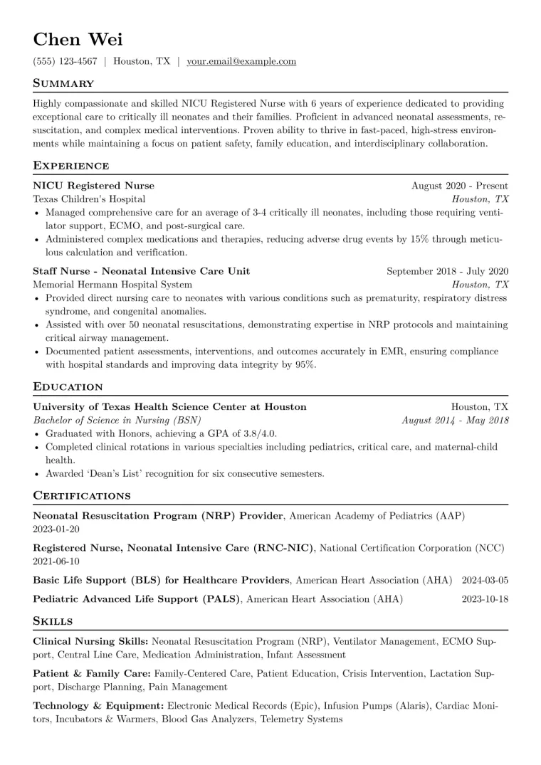 NICU Nurse Resume Example