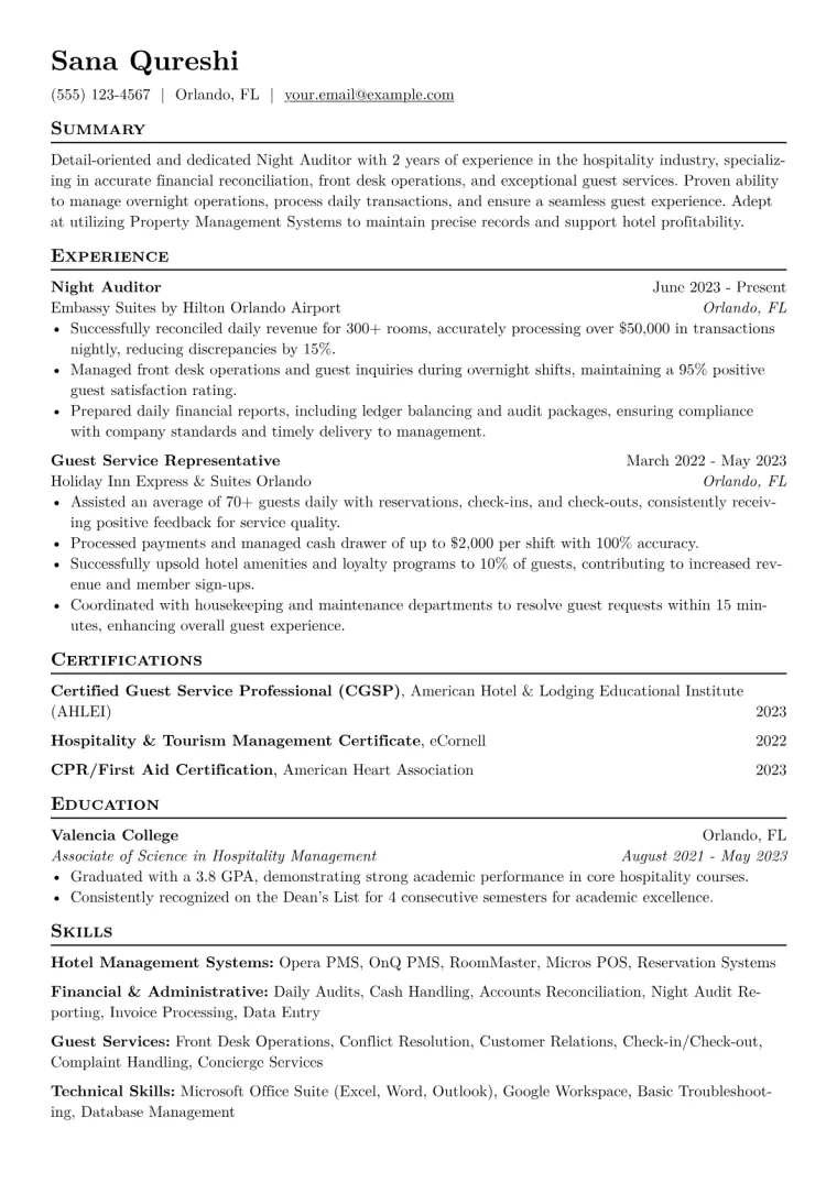 Night Auditor Resume Example CV template preview