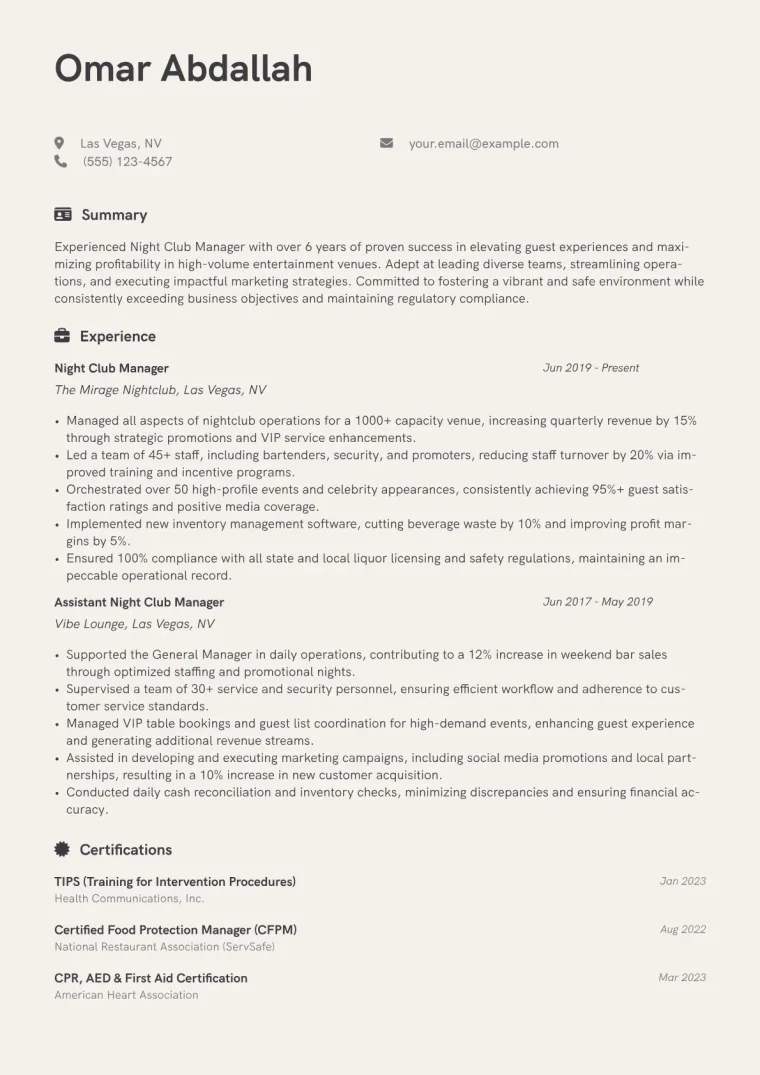 Night Club Manager Resume Example CV template preview