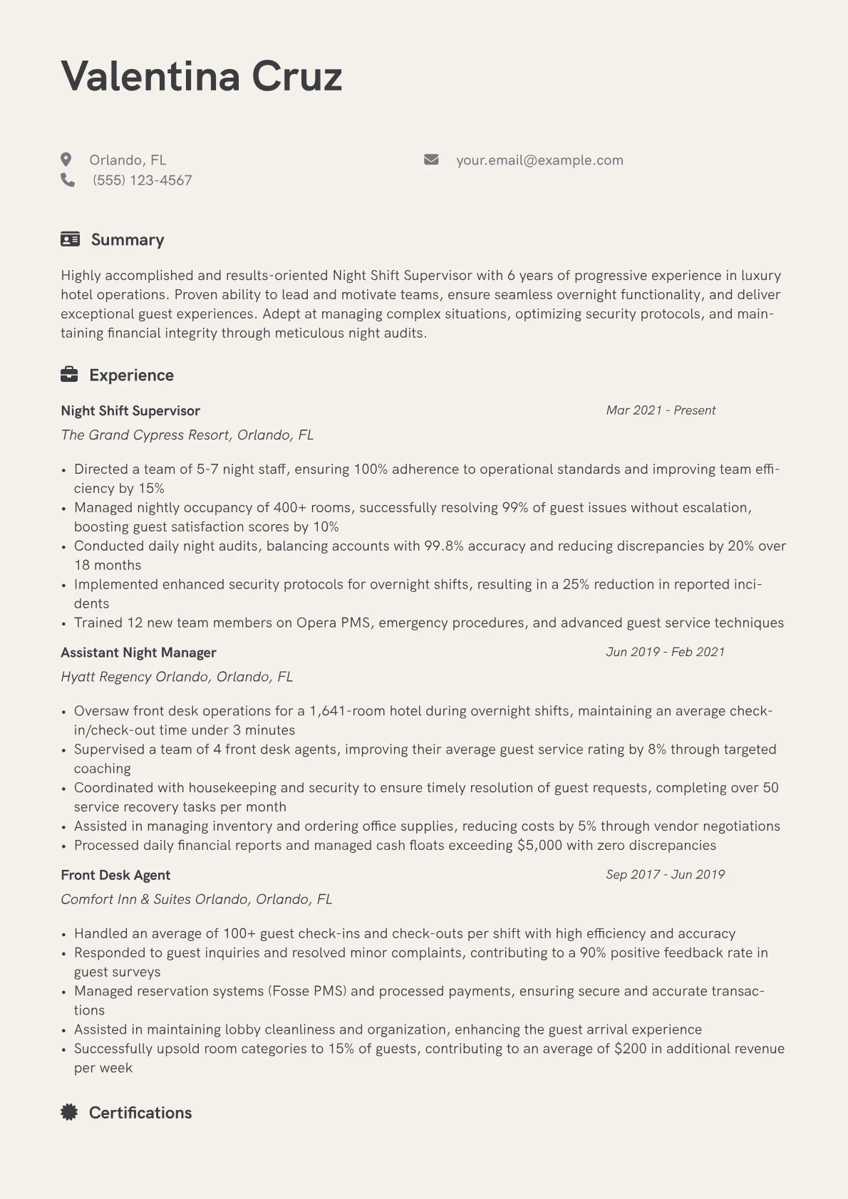 Night Shift Supervisor Hotel Resume Example CV template - Page 1