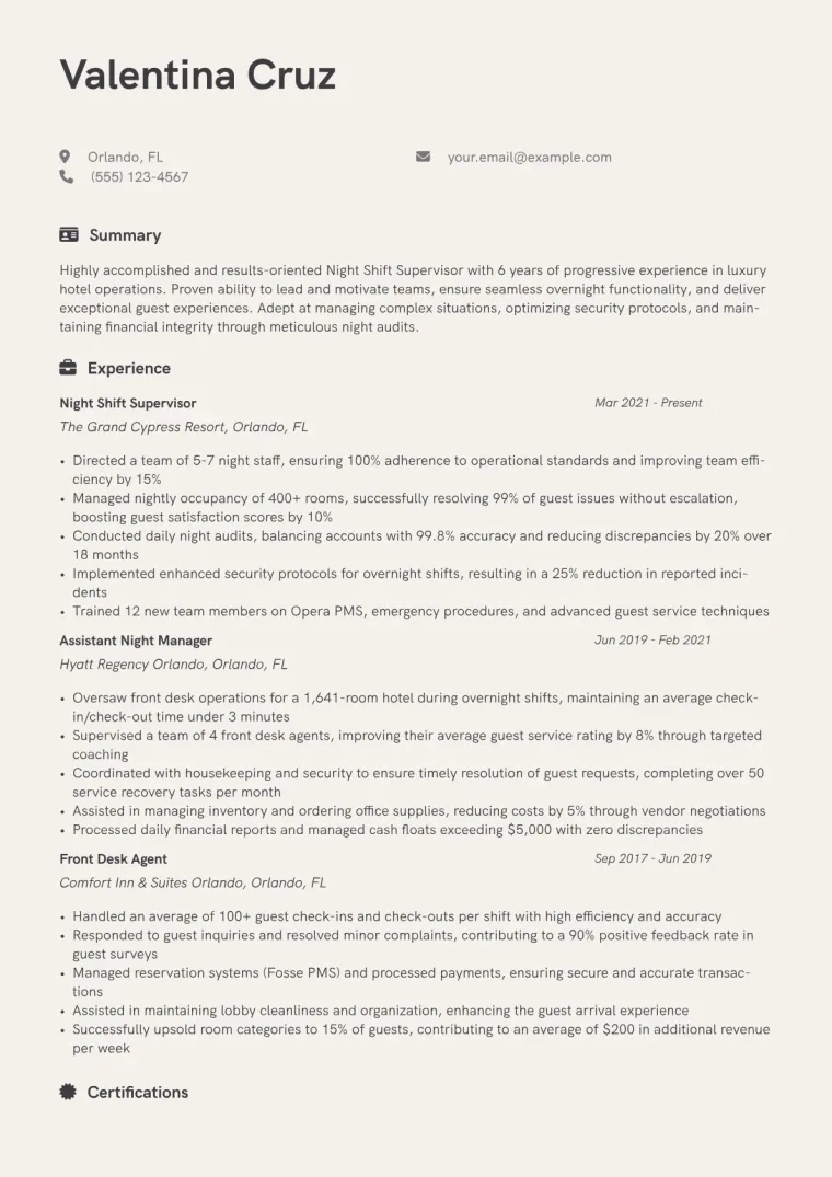 Night Shift Supervisor Hotel Resume Example CV template preview