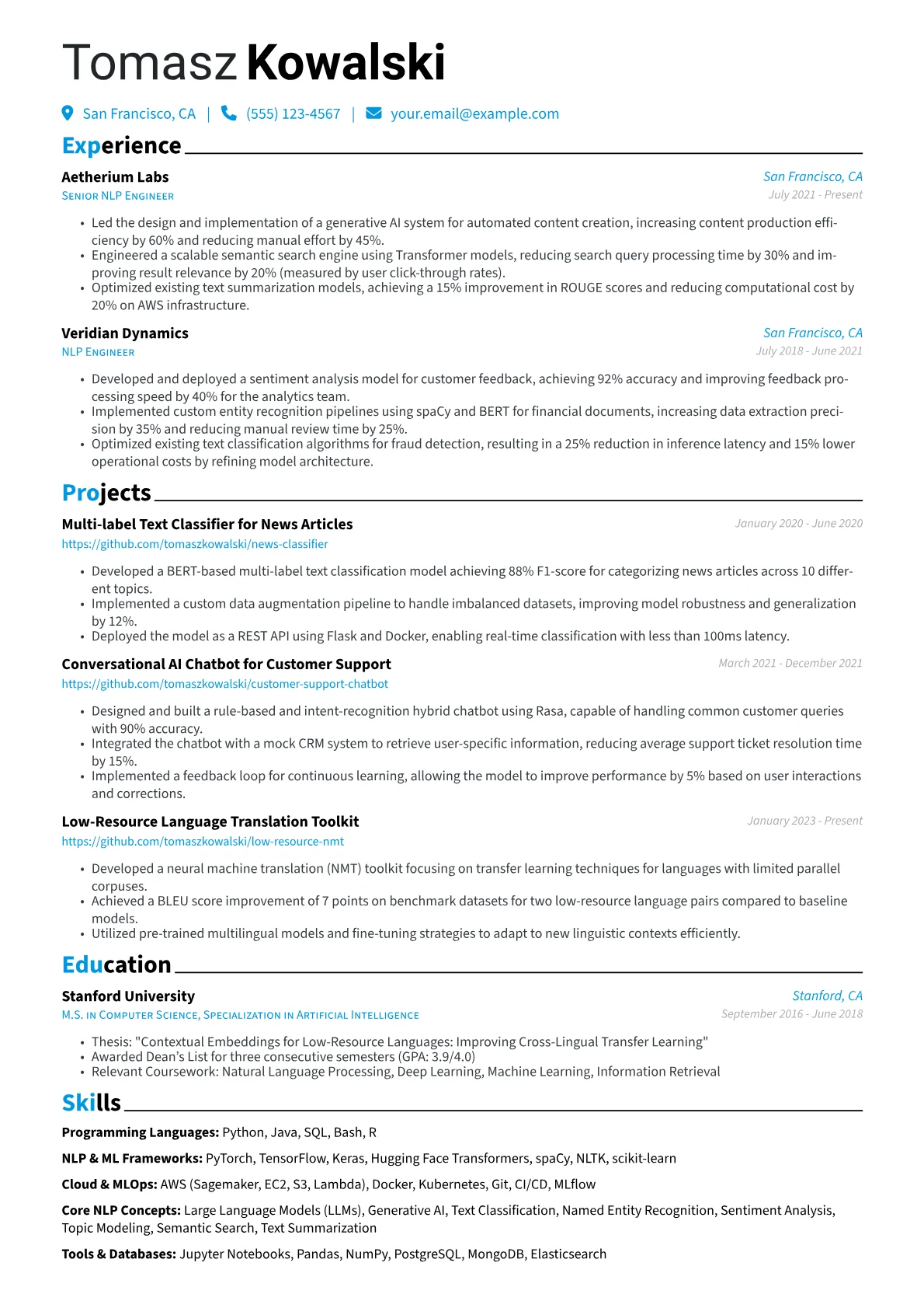 NLP Engineer Resume Example CV template - Page 1