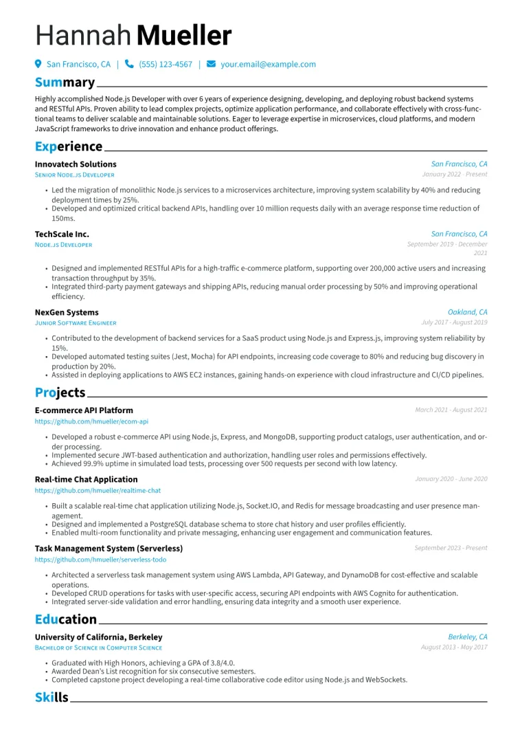 Node.js Developer Resume Example CV template preview