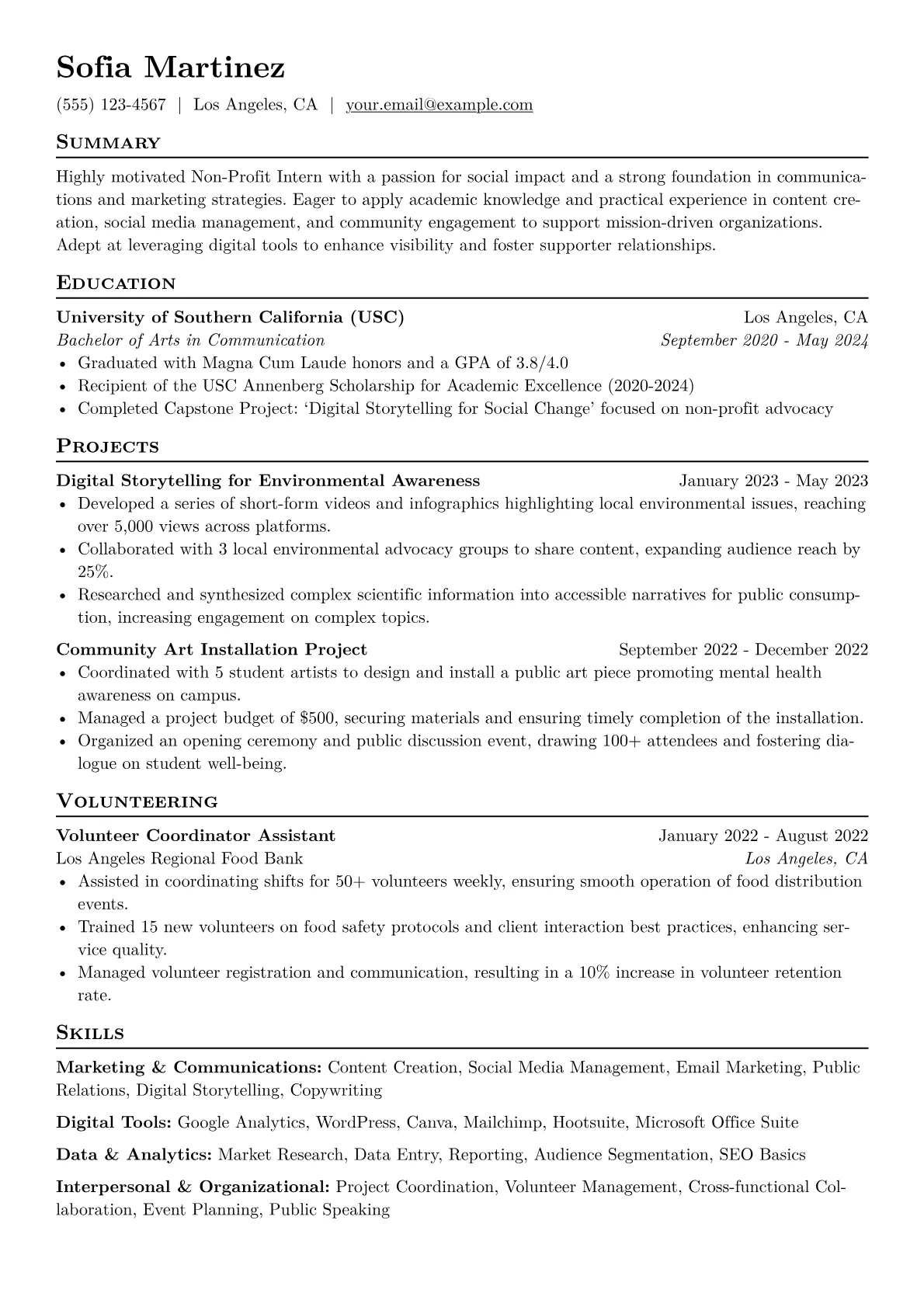 Non-Profit Intern Resume Example CV template - Page 1