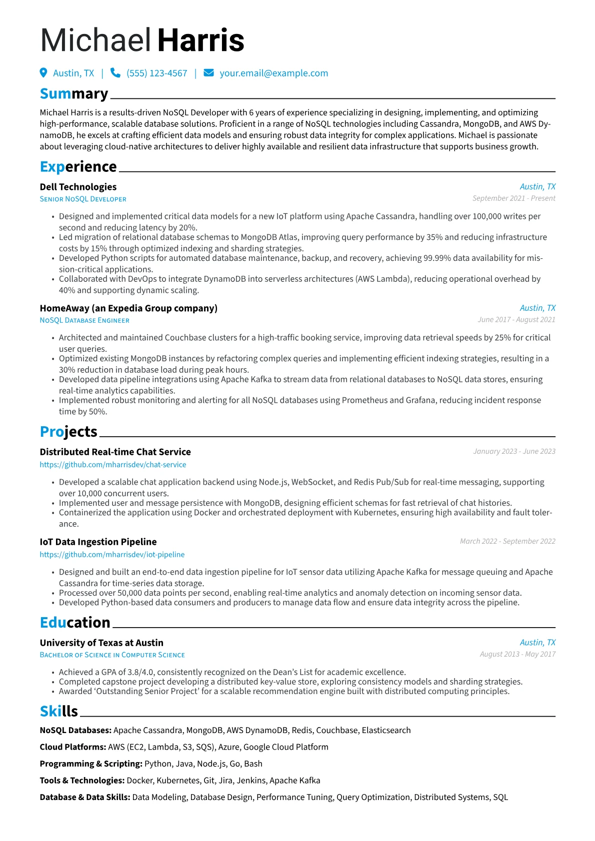 NoSQL Developer Resume Example CV template - Page 1