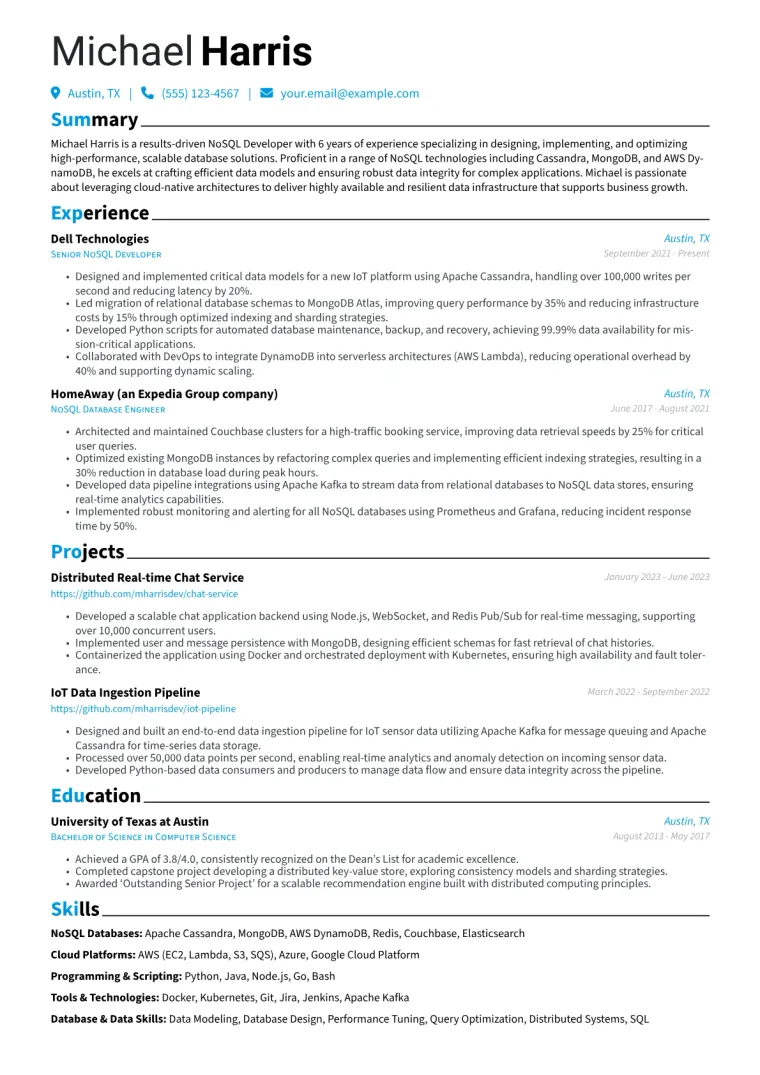 NoSQL Developer Resume Example CV template preview