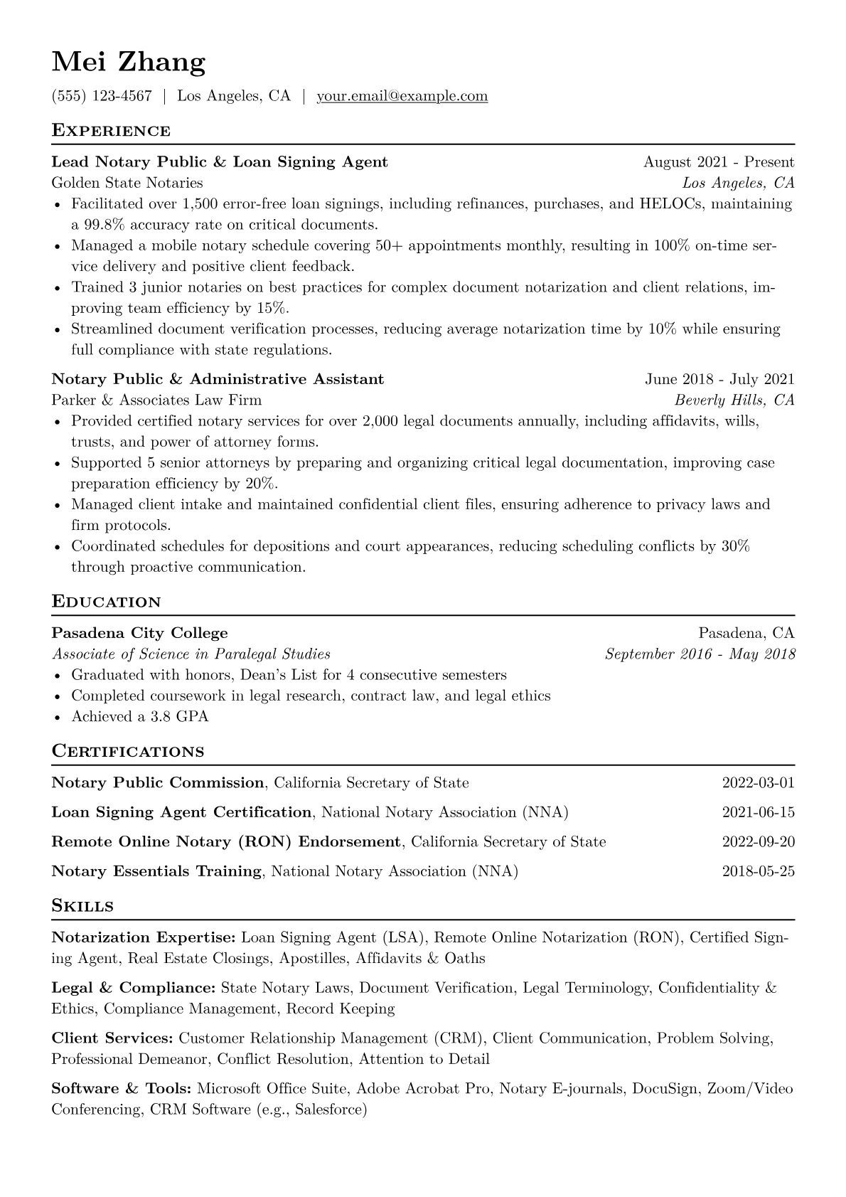 Notary Public Resume Example CV template - Page 1