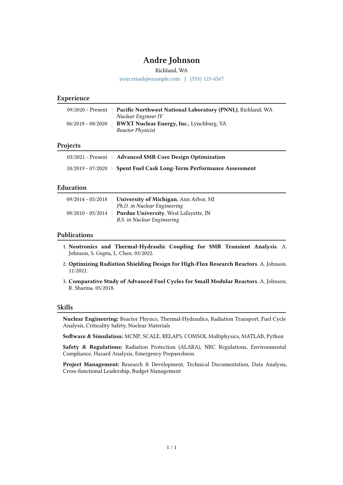 Nuclear Engineer Resume Example CV template - Page 1