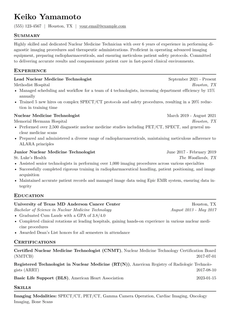 Nuclear Medicine Technician Resume Example CV template preview