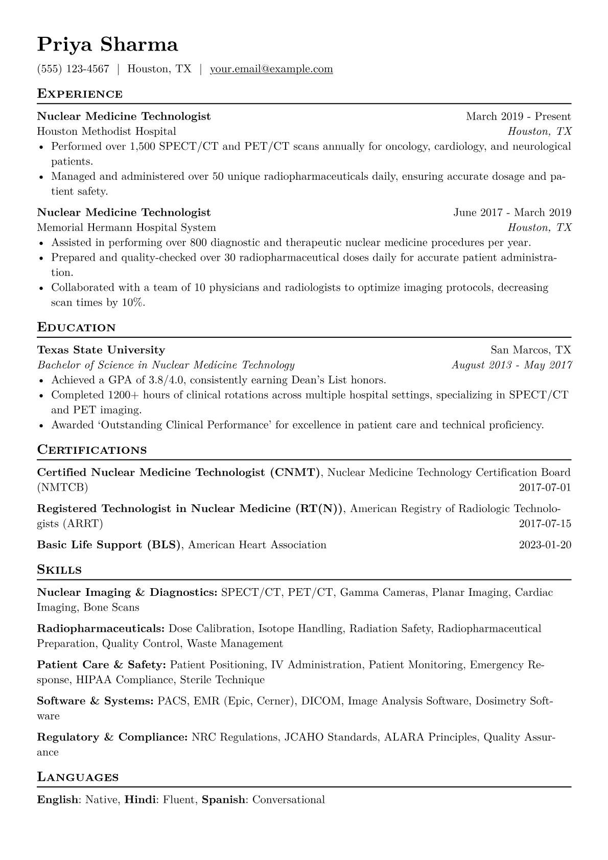 Nuclear Medicine Technologist Resume Example CV template - Page 1