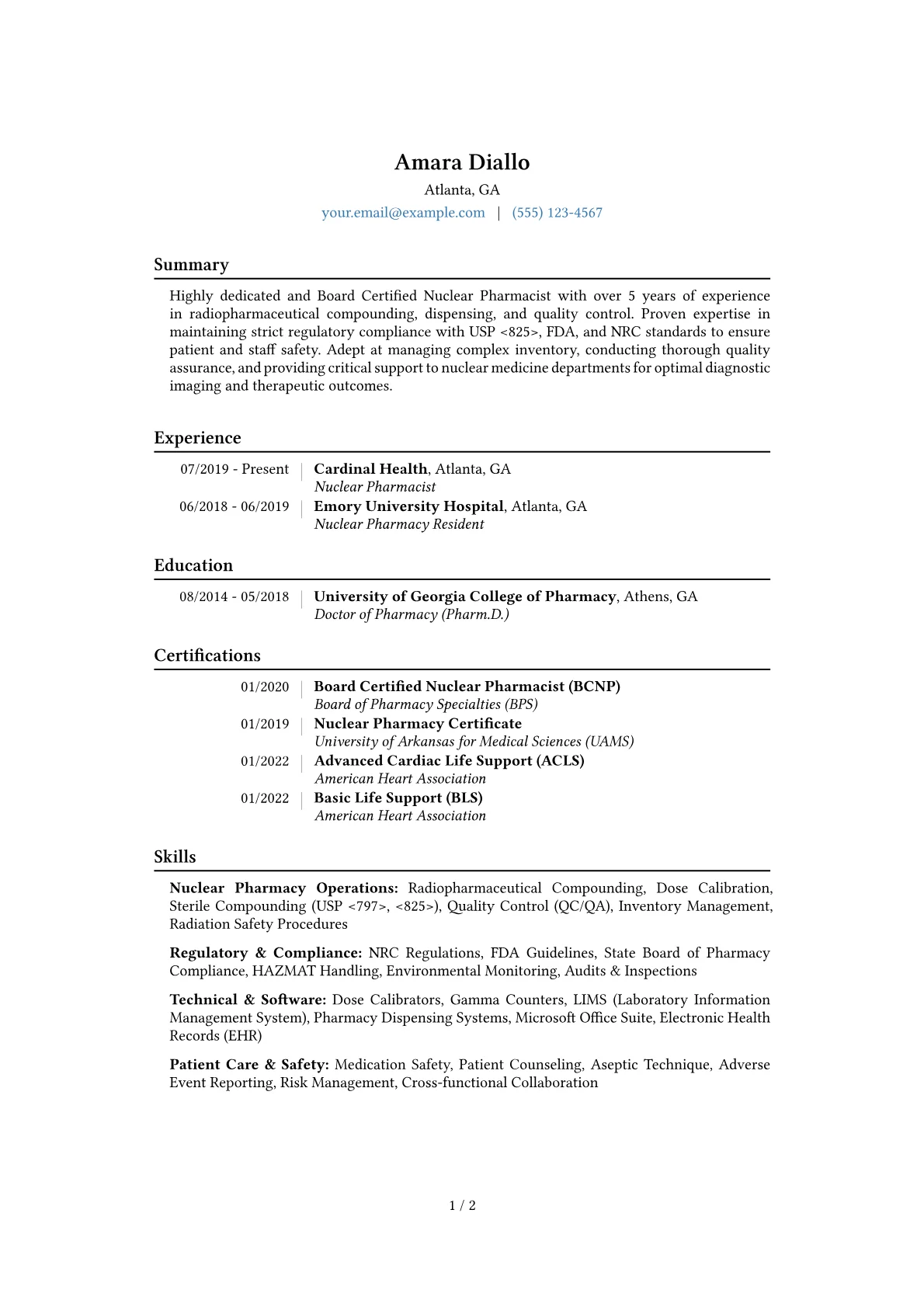 Nuclear Pharmacist Resume Example CV template - Page 1