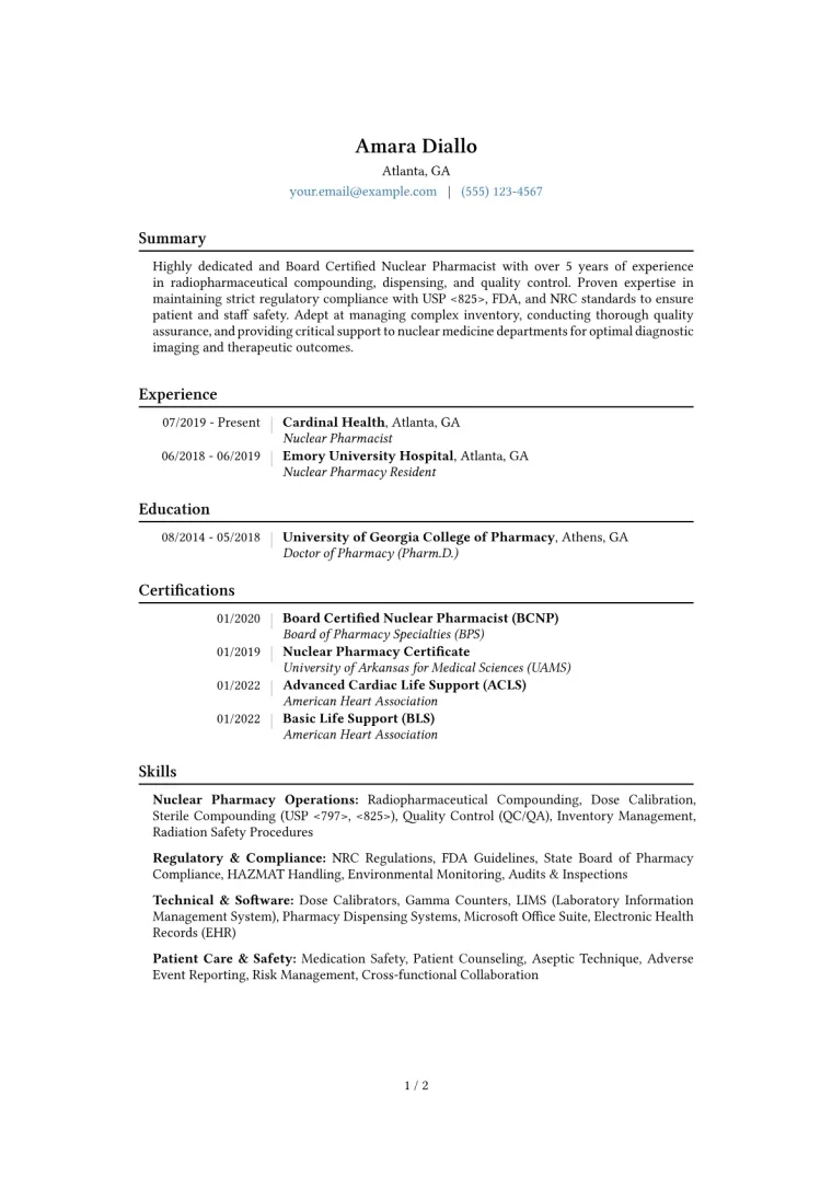 Nuclear Pharmacist Resume Example CV template preview