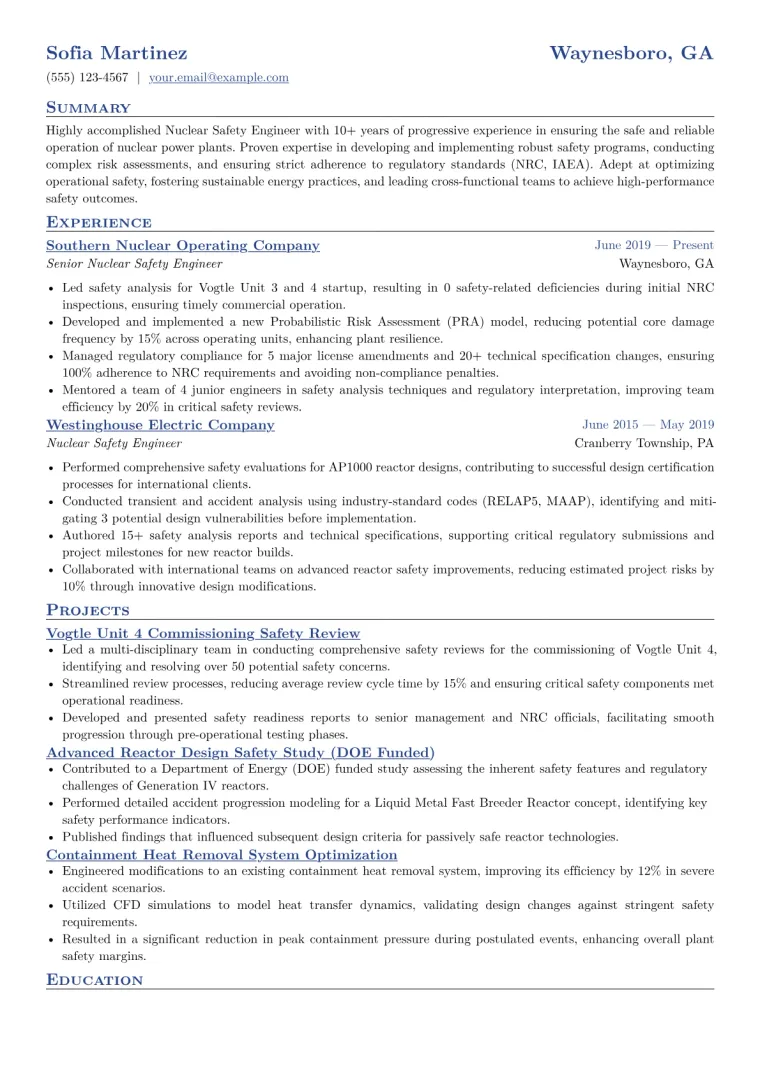 Nuclear Safety Engineer Resume Example CV template preview