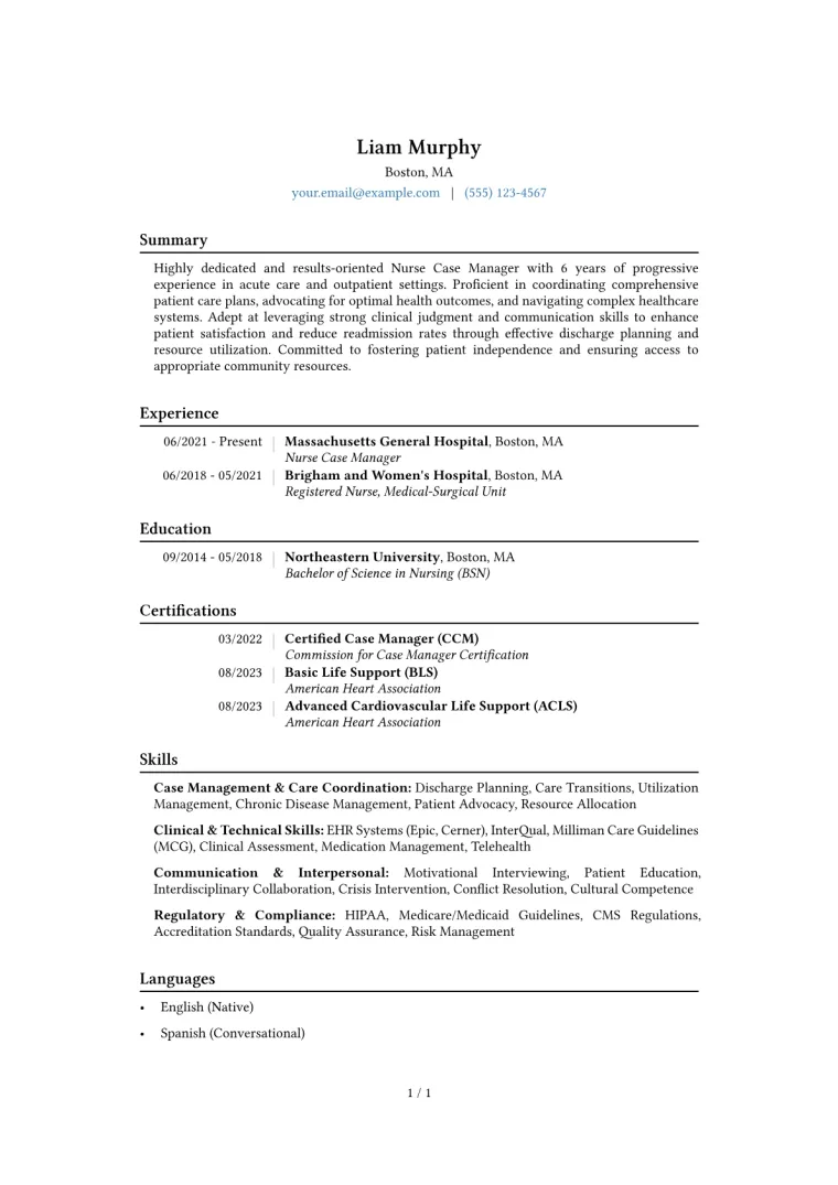 Nurse Case Manager Resume Example CV template preview