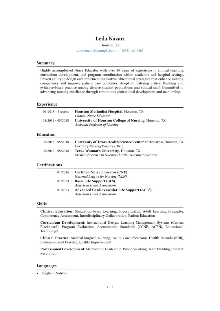 Nurse Educator Resume Example CV template preview