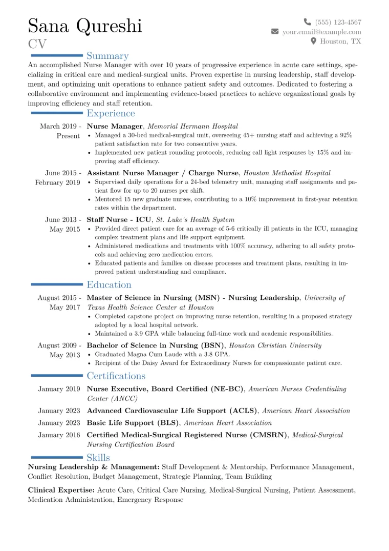 Nurse Manager Resume Example