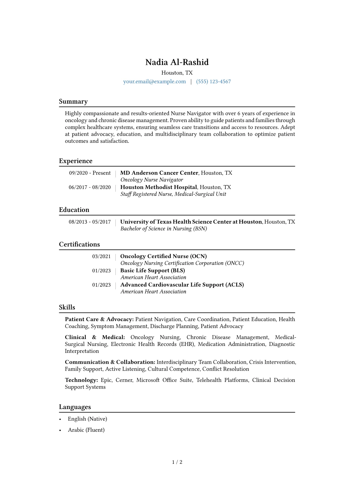 Nurse Navigator Resume Example CV template - Page 1