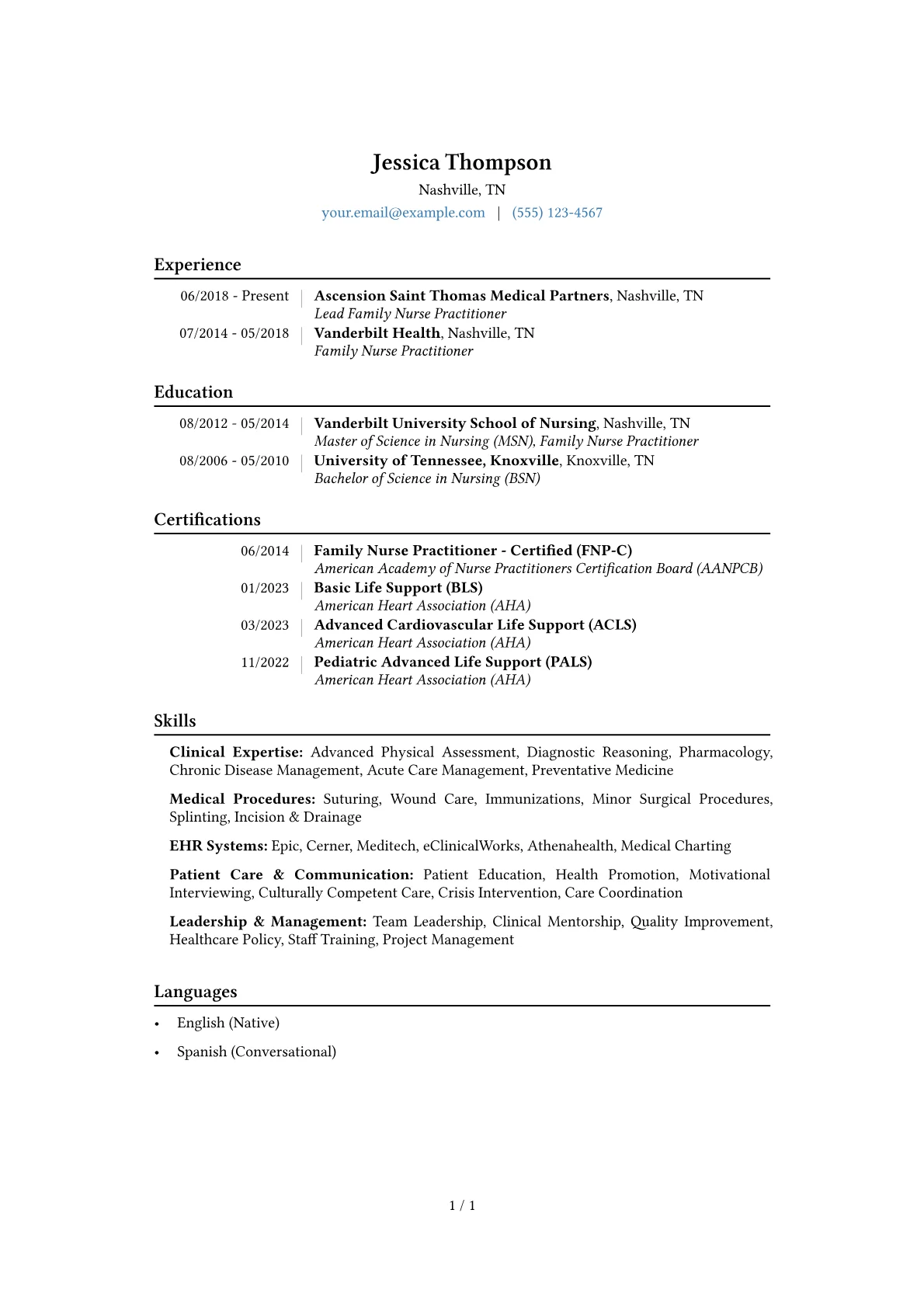 Nurse Practitioner Resume Example CV template - Page 1