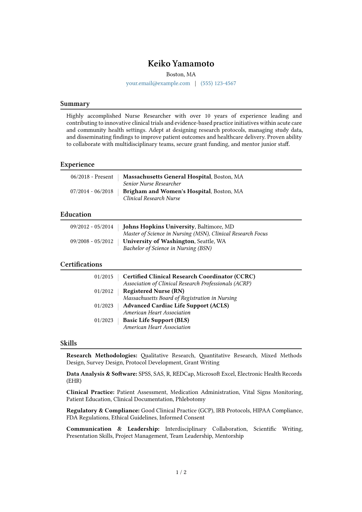Nurse Researcher Resume Example CV template - Page 1