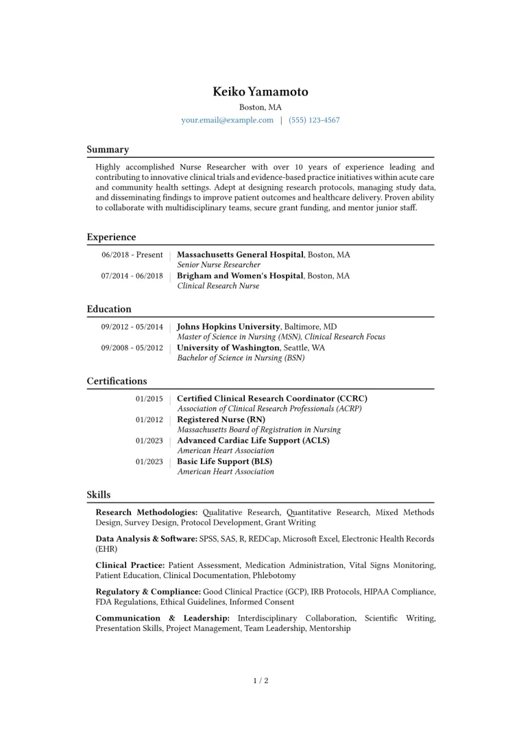 Nurse Researcher Resume Example CV template preview