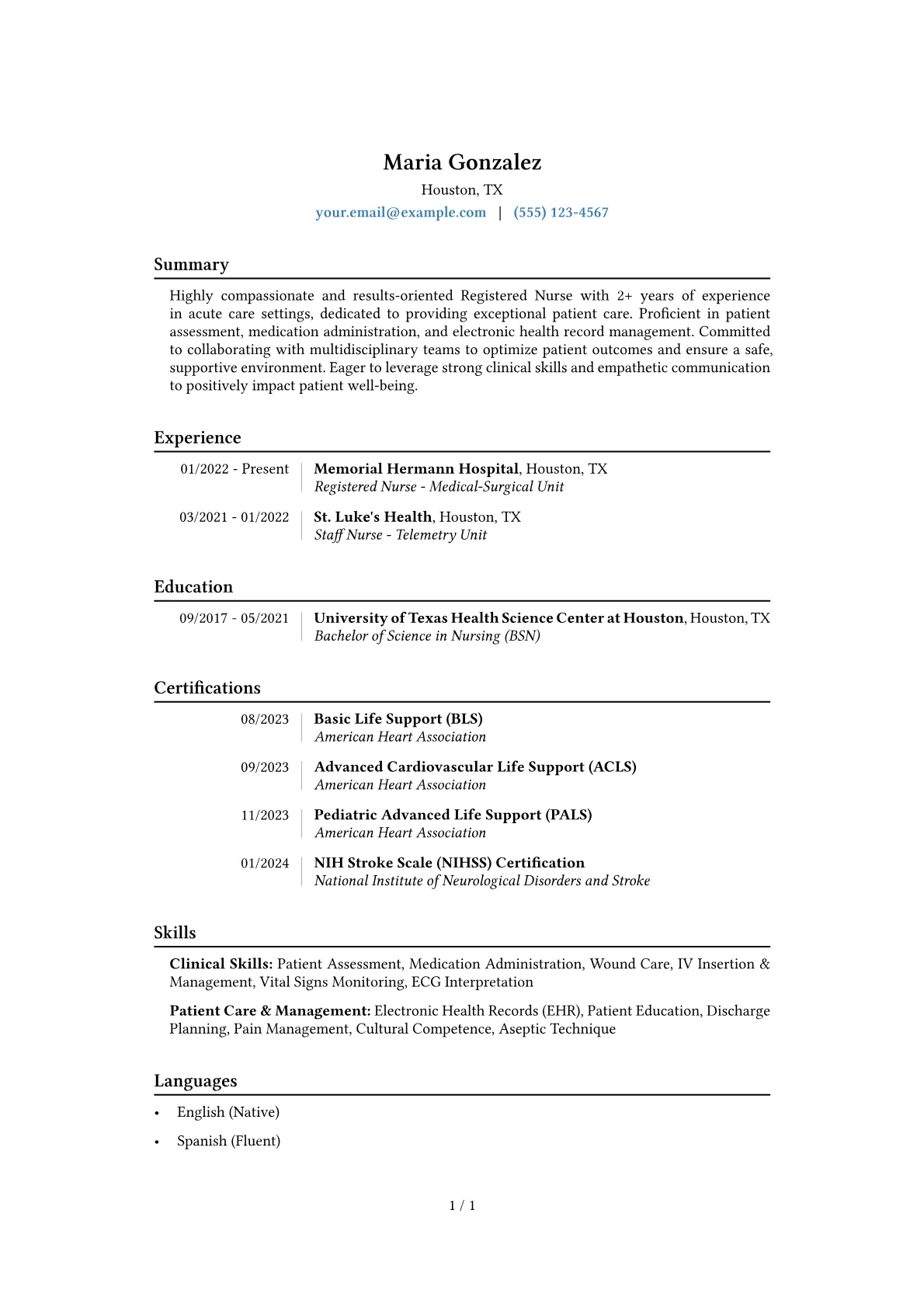 Nurse Resume Example CV template - Page 1