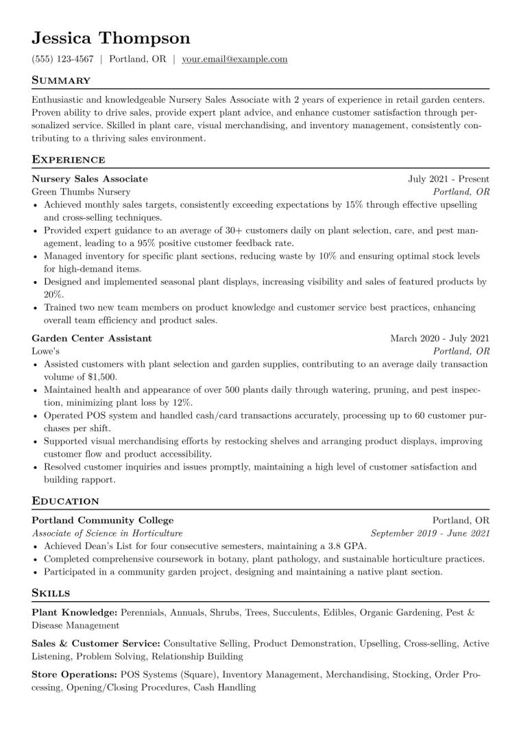 Nursery Sales Associate Resume Example CV template preview