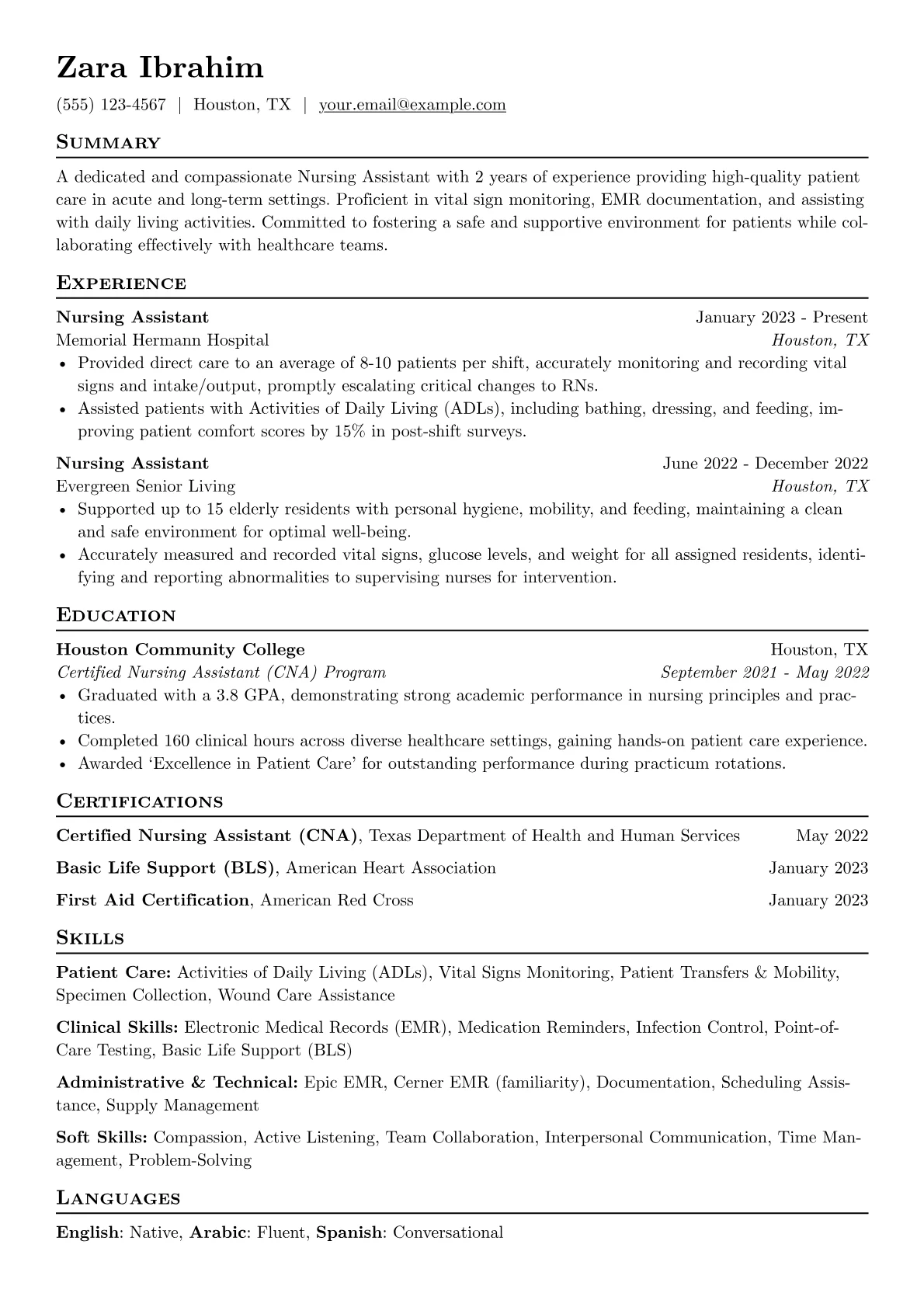 Nursing Assistant Resume Example CV template - Page 1