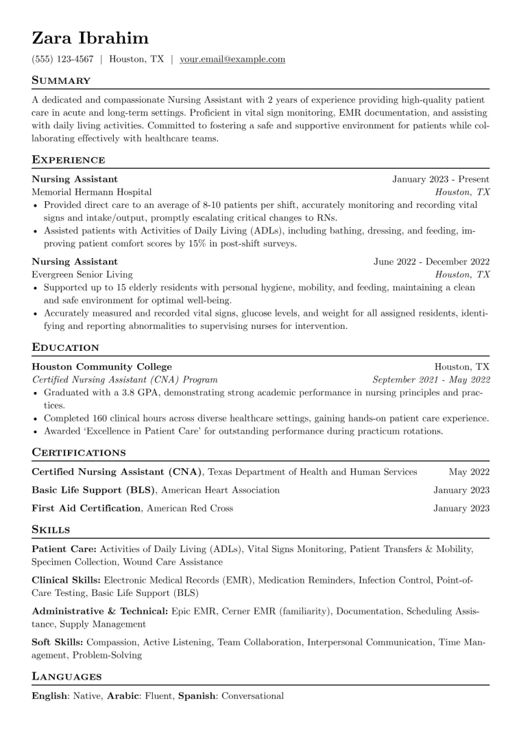 Nursing Assistant Resume Example