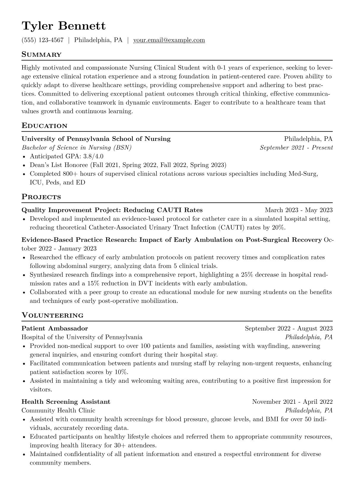 Nursing Clinical Student Resume Example CV template - Page 1