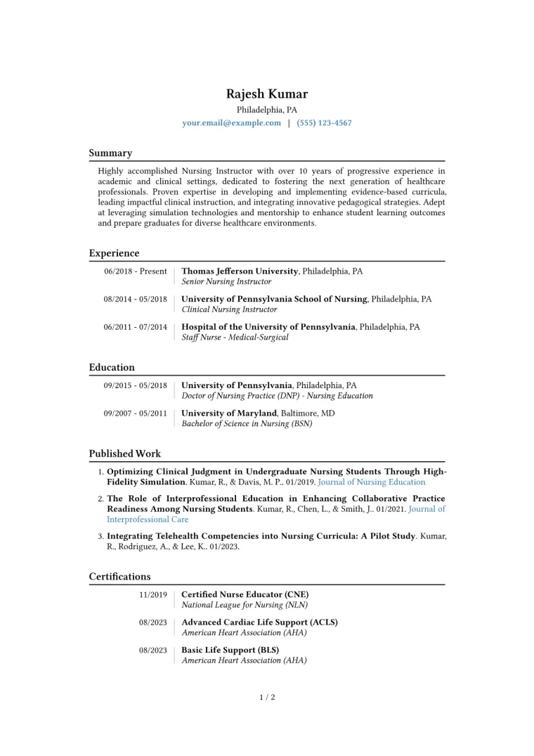 Nursing Instructor Resume Example CV template preview