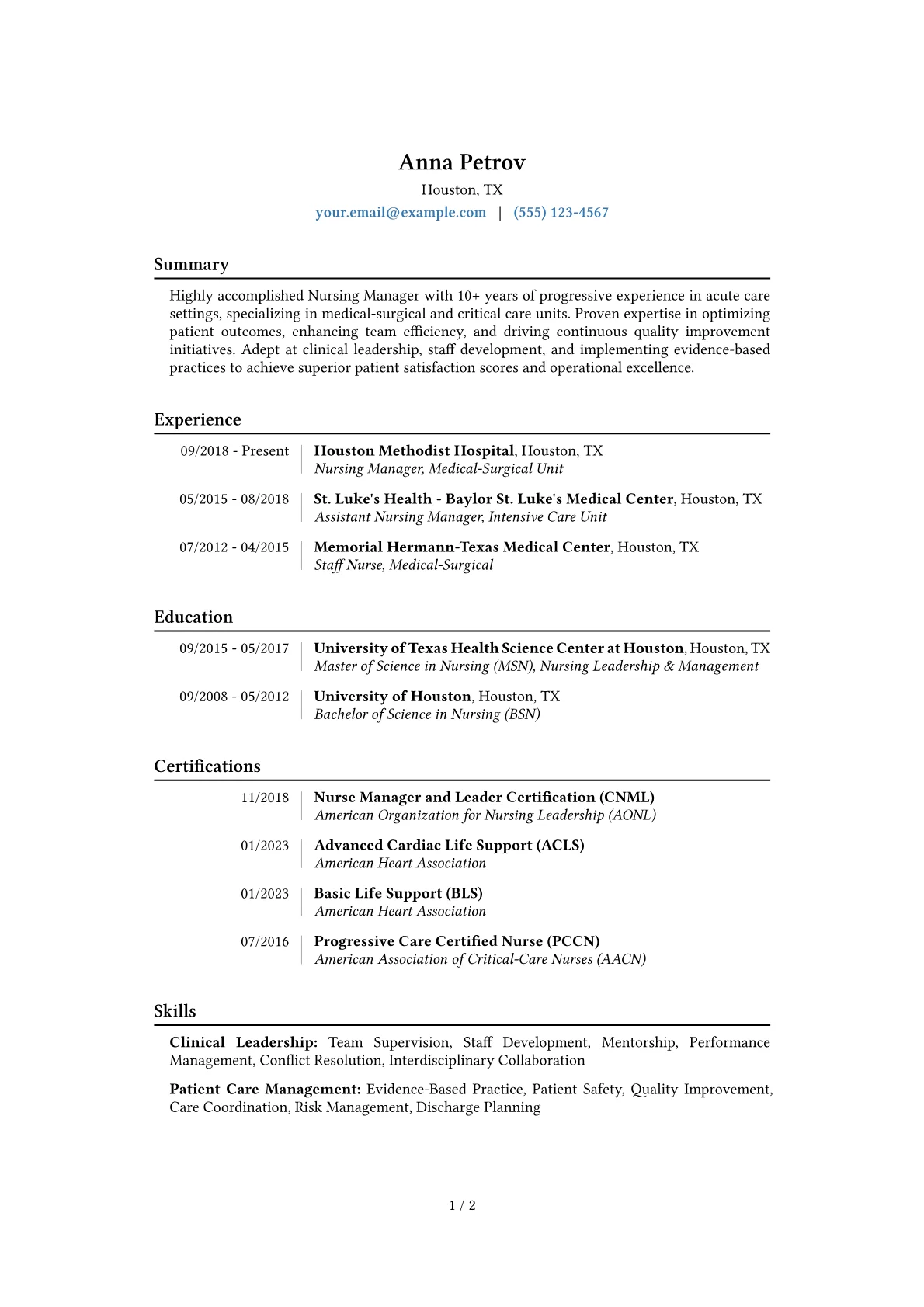 Nursing Manager Resume Example CV template - Page 1