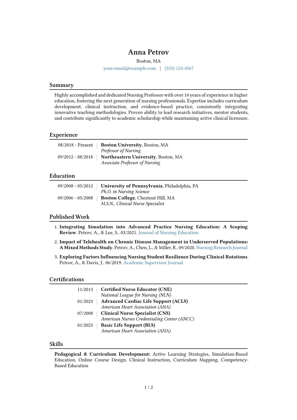 Nursing Professor Resume Example CV template - Page 1
