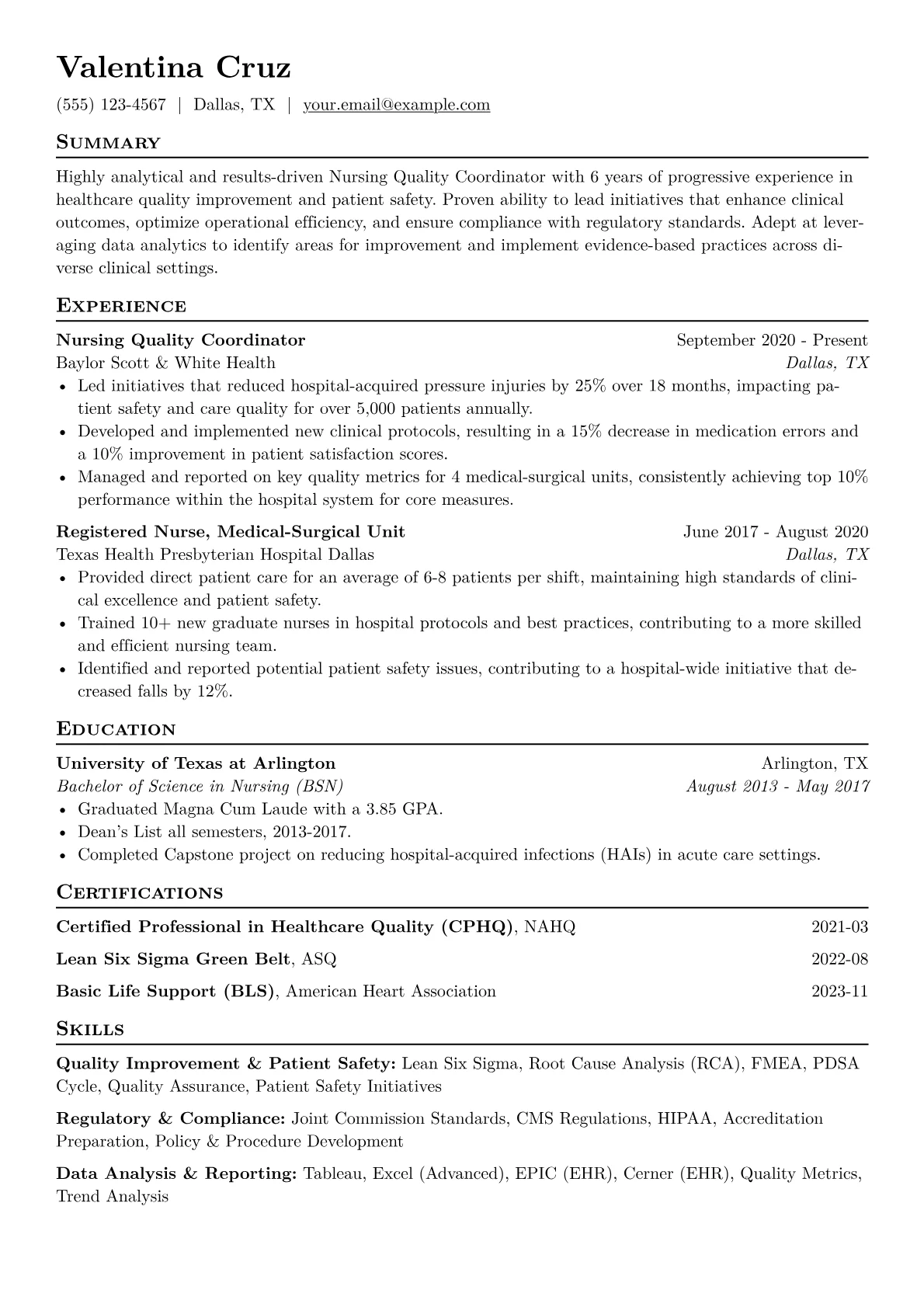 Nursing Quality Coordinator Resume Example CV template - Page 1