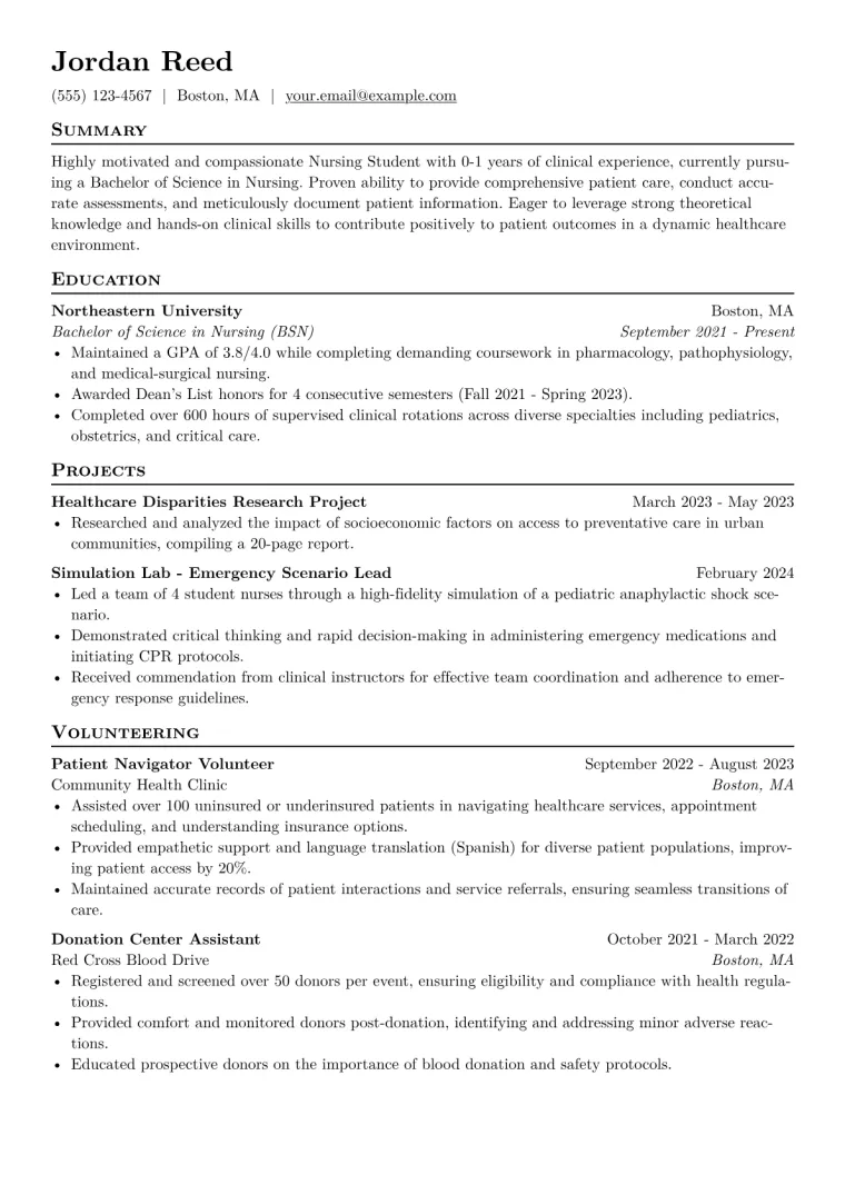 Nursing Student Resume Example