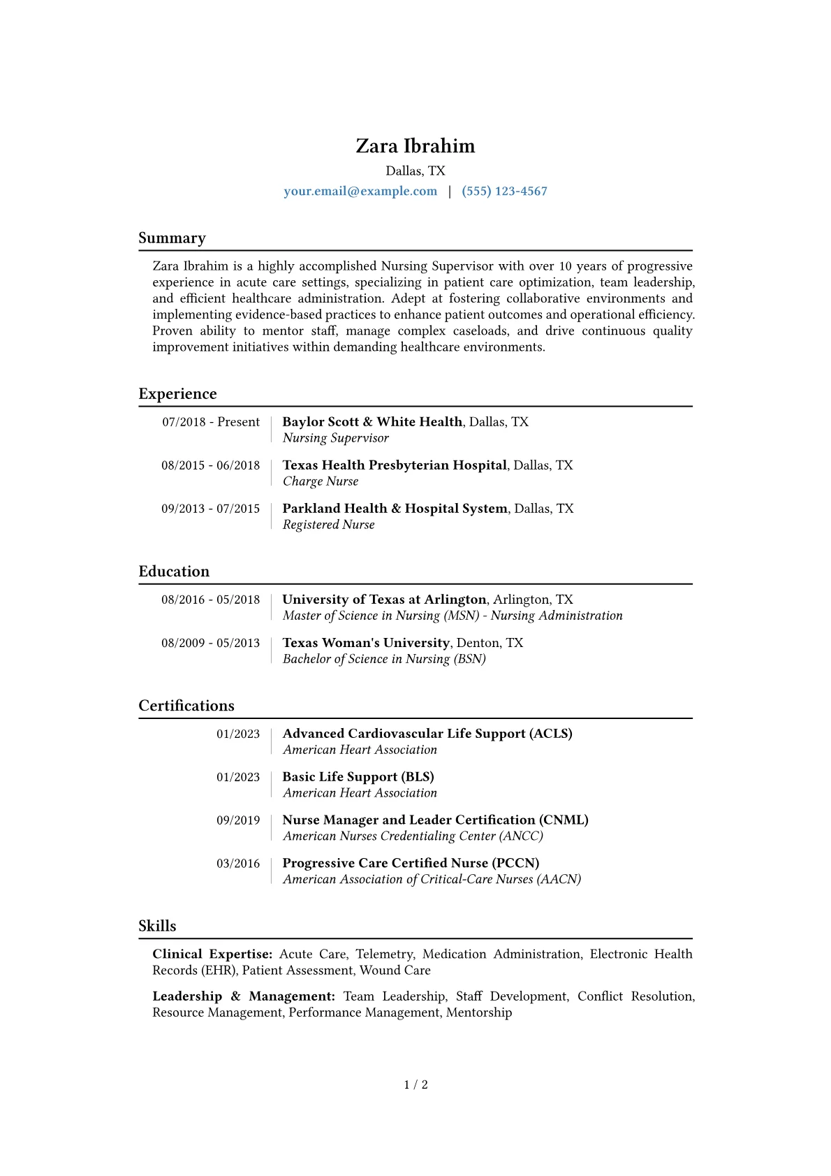 Nursing Supervisor Resume Example CV template - Page 1