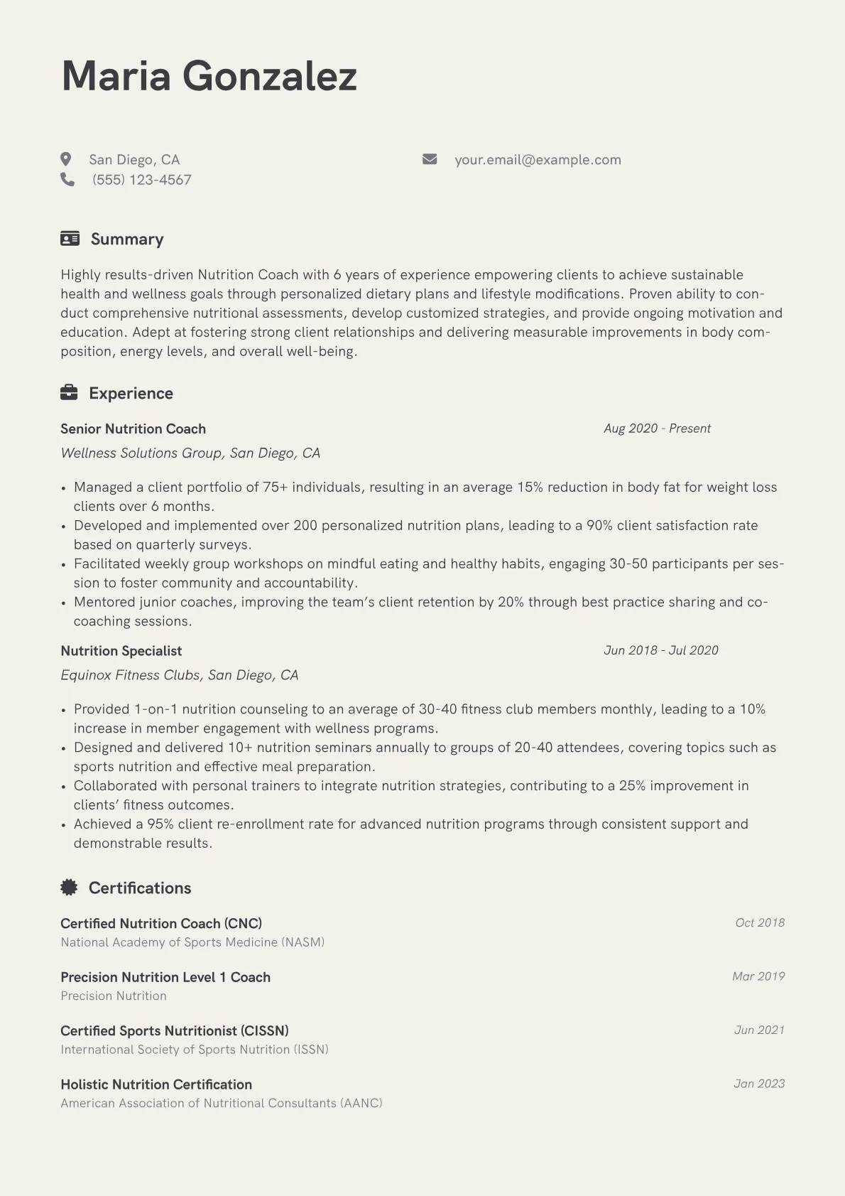 Nutrition Coach Resume Example CV template - Page 1