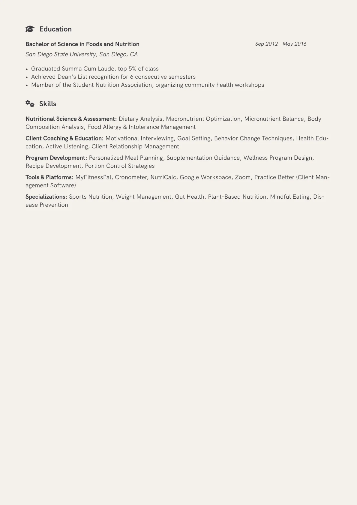 Nutrition Coach Resume Example CV template - Page 2