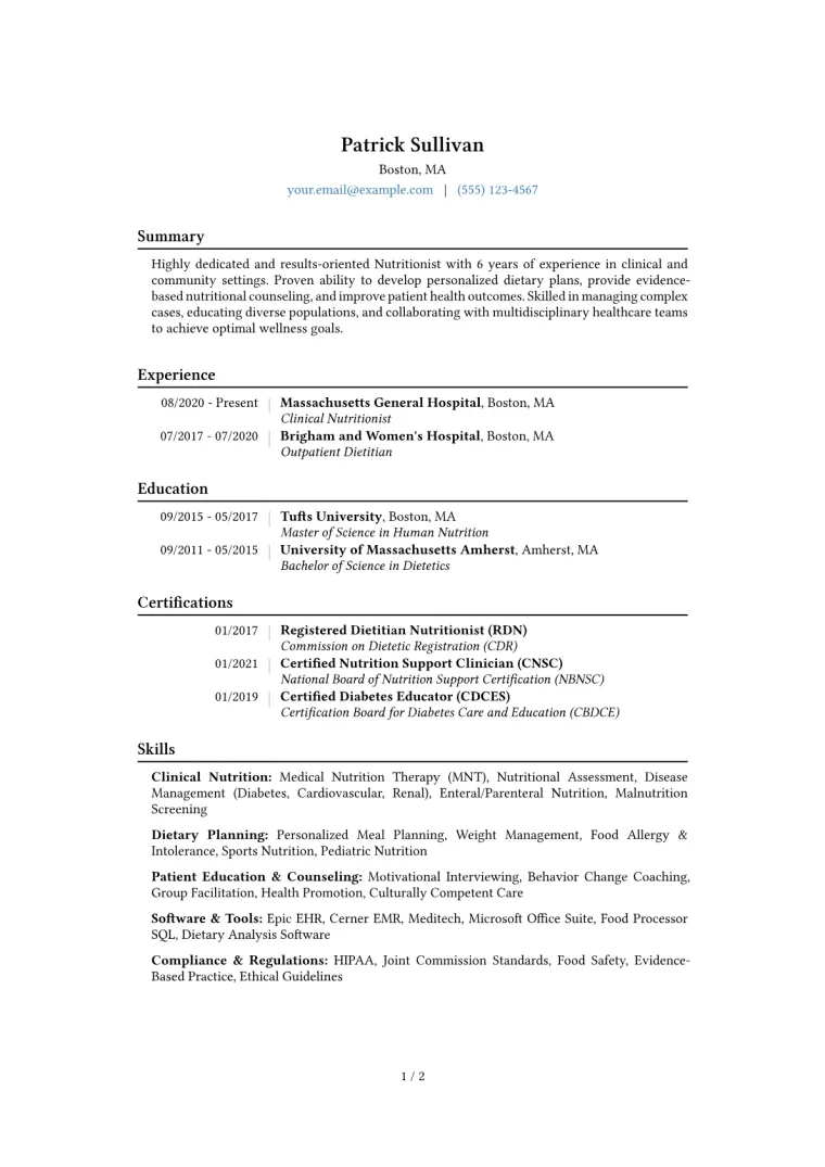 Nutritionist Resume Example CV template preview