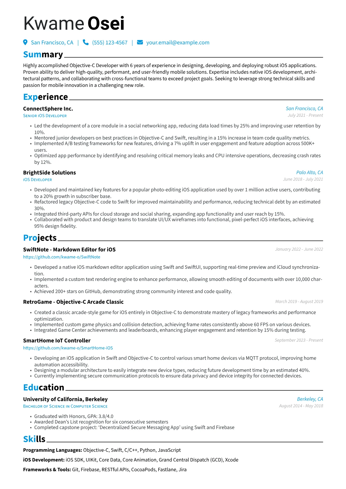 Objective-C Developer Resume Example CV template - Page 1