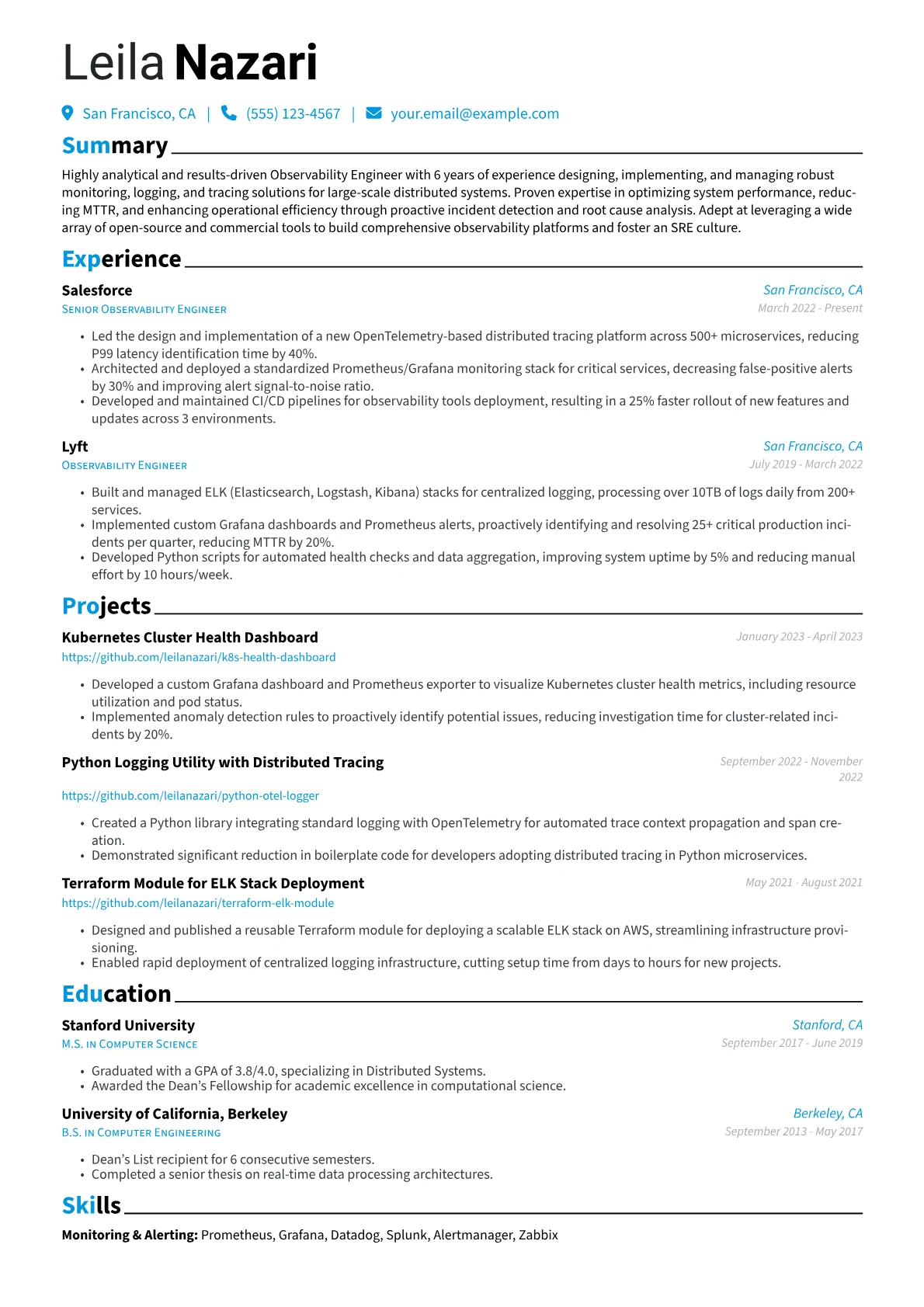Observability Engineer Resume Example CV template - Page 1