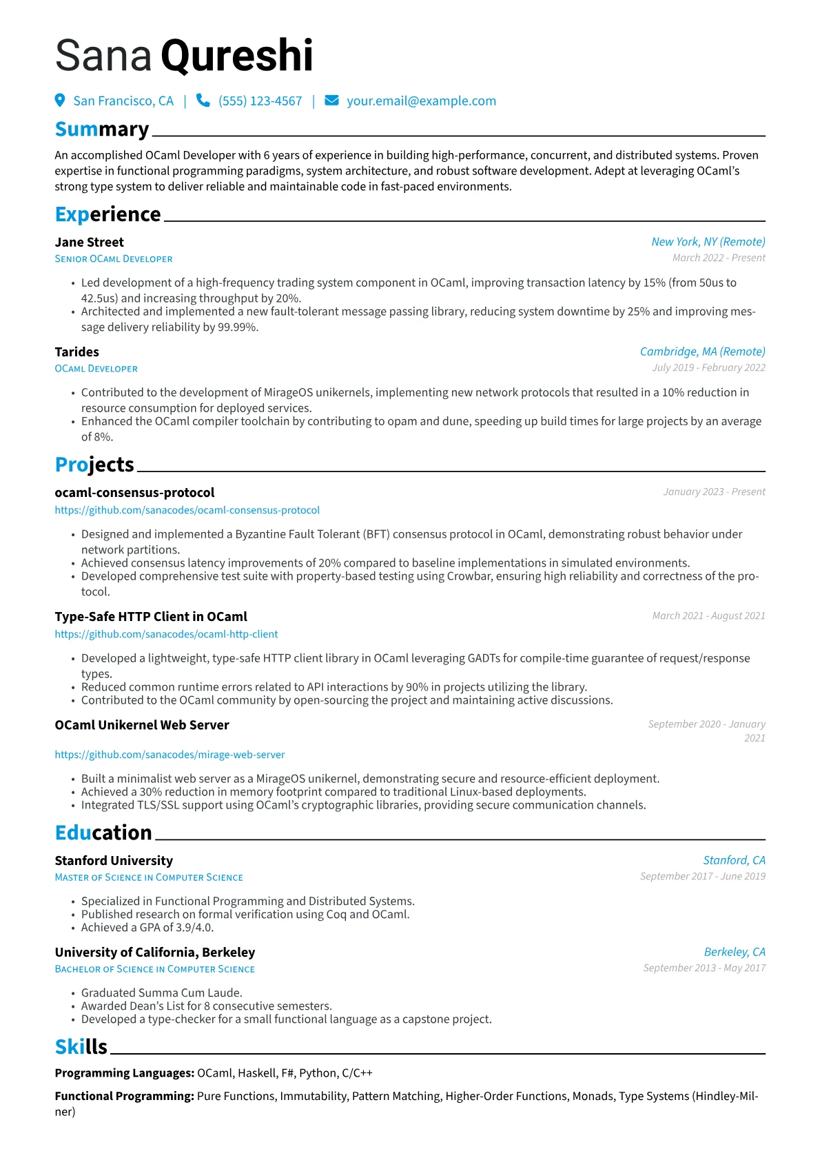 OCaml Developer Resume Example CV template - Page 1