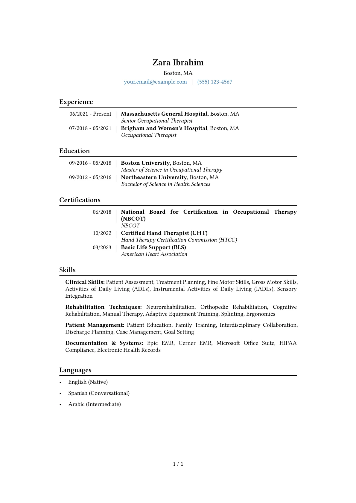 Occupational Therapist Resume Example CV template - Page 1