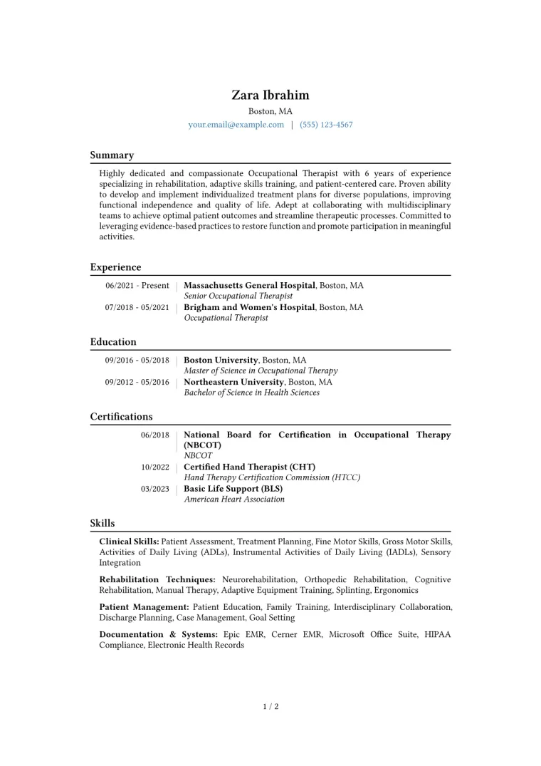 Occupational Therapist Resume Example CV template preview