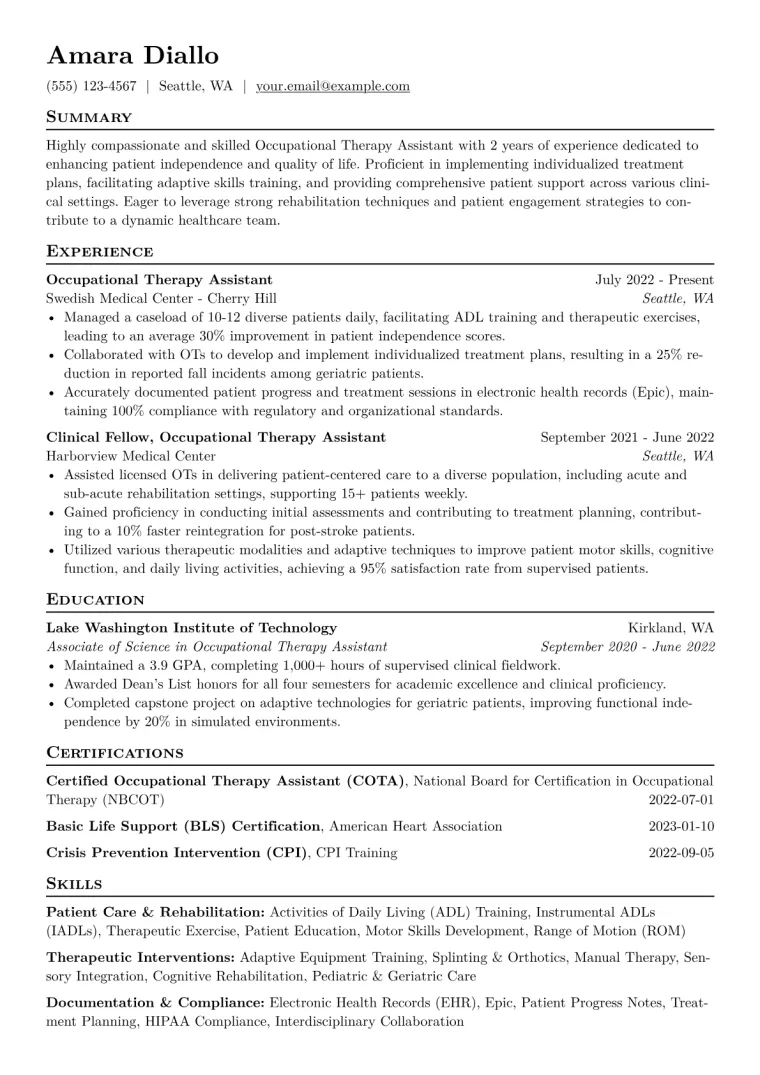 Occupational Therapy Assistant Resume Example CV template preview