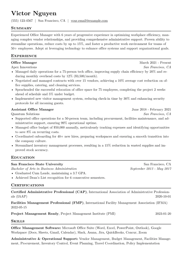Office Manager Resume Example CV template preview